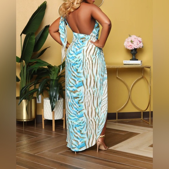 Zebra Print Blue Multicolor One Shoulder Statement Wrap Fashion Dress - Picture 2 of 13